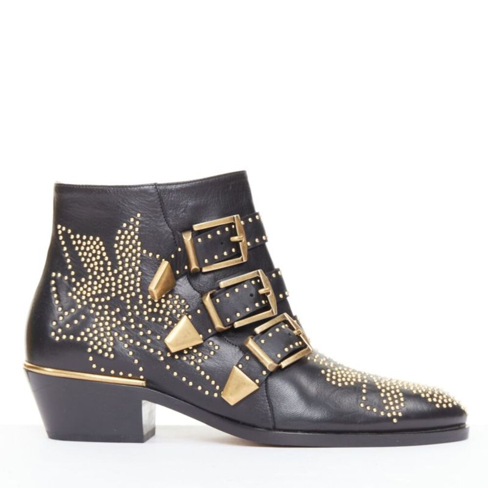 Chloe Susanna black leather gold floral studded triple buckle boots